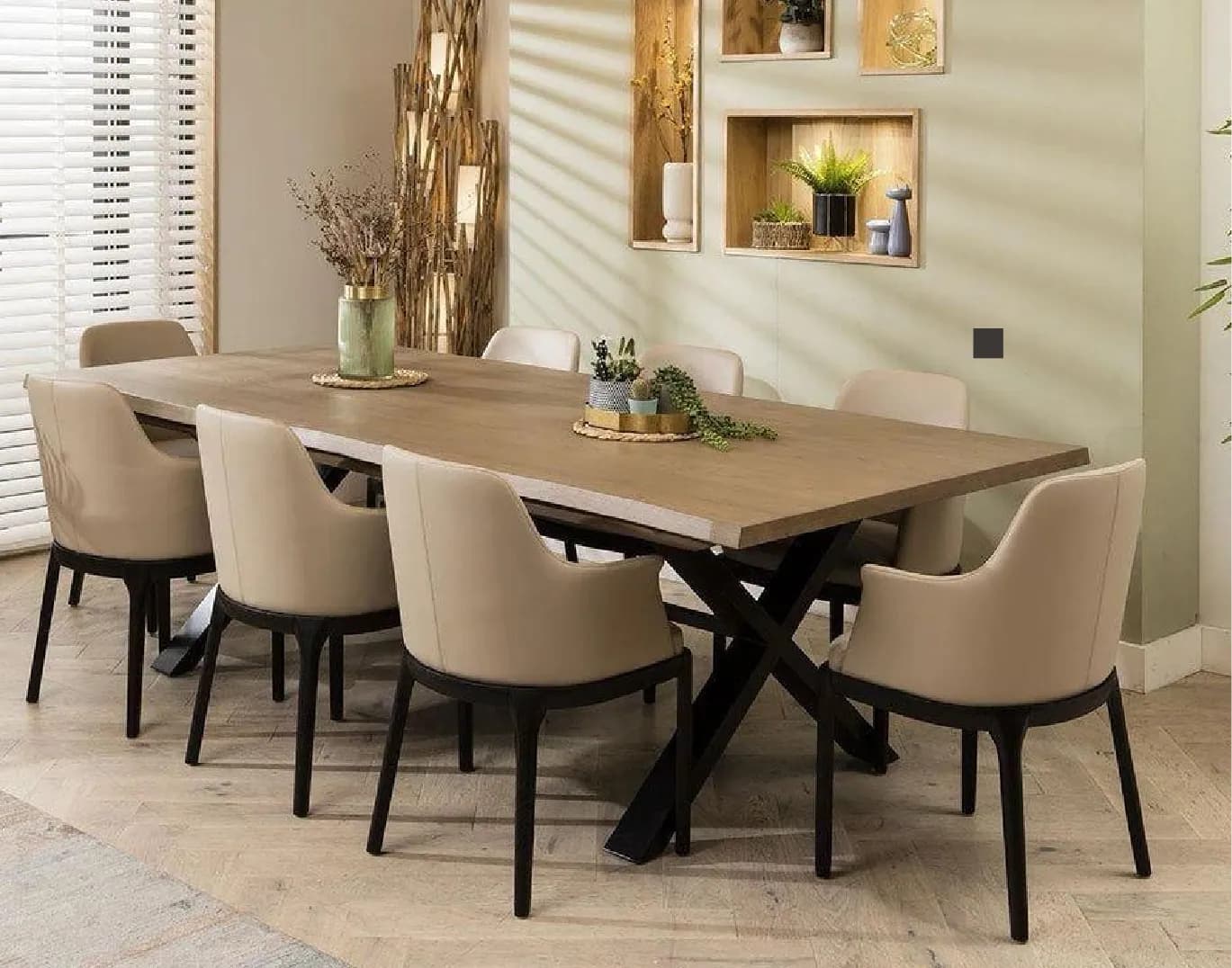Oak X-Base Dining Table Set